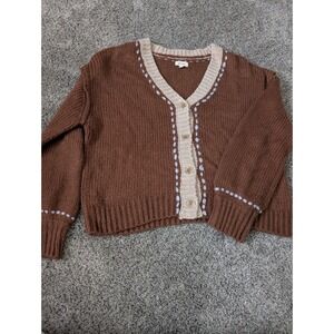 Bittersweet Brown Chunky Knit Whipstitch Cardigan Sweater Cream Trim Large‎ NWOT